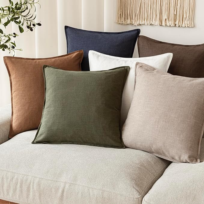 Foindtower Set of 2, Decorative Linen Solid Throw Pillow Covers Soft Accent Cushion Euro Case Boho Farmhouse Pillowcase for Chair Couch Sofa Bedroom Living Room Home Decor 22 x 22 Inch Natural Linen