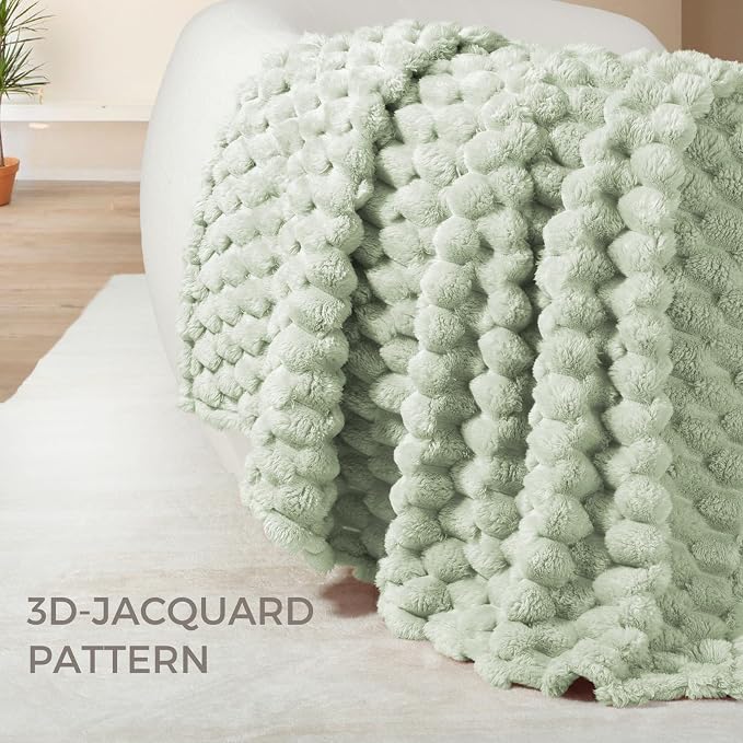 Whale Flotilla Soft Fleece Queen Size Bed Blanket 3D Jacquard, Sage Green | Lightweight Breathable Coverlet Bedspread for All Seasons, Super Cozy Plush Fluffy Fuzzy Decorative Blanket for Bed, 90"x90"