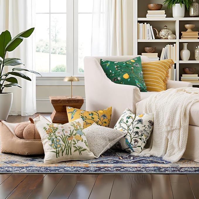 MUSSEL Green Floral Vintage Decorative Pillow Covers 18x18 Set of 2 | Soft Velvet,Wild Flower Plant,Throw Pillows Case,Square,Colorful Farmhouse Cushion Covers,Home Sofa Bed Couch Decor