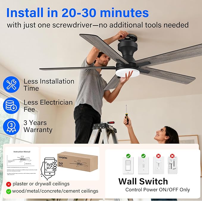 52 Inch Ceiling Fans with lights,RGB Low Profile Ceiling Fan with Light and Remote Control,APP,Black Flush Mount Ceiling Fans for Small Bedroom,Patio,Porch,Outdoor Indoor Use,5 Blades,Dimmable,Quiet