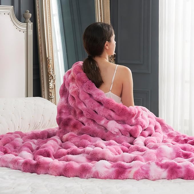 Cozy Bliss Faux Fur Throw Blanket for Couch, Fuzzy Soft Plush Thick Bubble Blanket for Sofa Bedroom Living Room, 50 * 60 Inches Tie Dye Pink