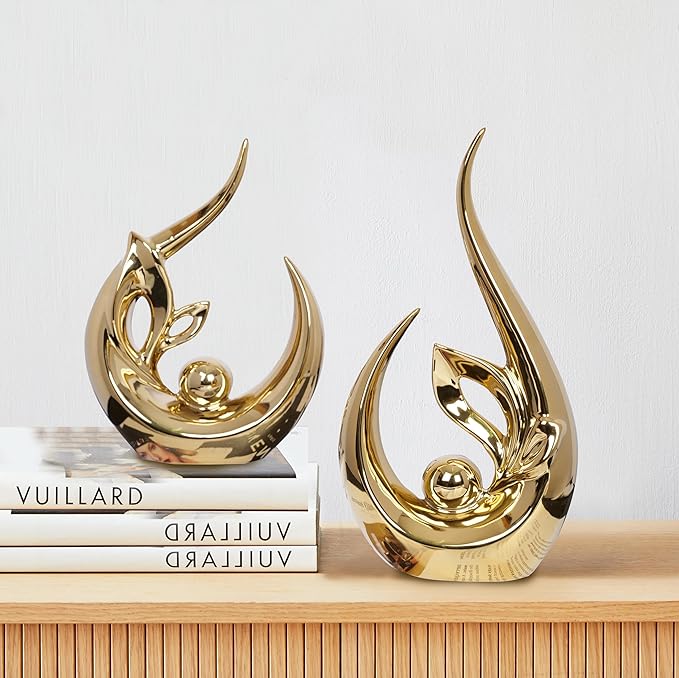 2 PCS Orange Gold Home Decor Accent Ceramic Statue Abstract Sculptures Centerpieces Mid Century Modern Decor for Tables Coffee Table top Decorations for Living Room Desktop Shelf Dining Room Kitchen