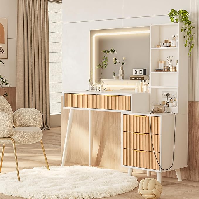Makeup Vanity Desk with Mirror and Lights, Makeup Vanity with 5 Drawers&Storage Shelves, Vanity Table with Power Outlet, 3 Color Adjustable Lighting Dressing Table Set for Bedroom Oak