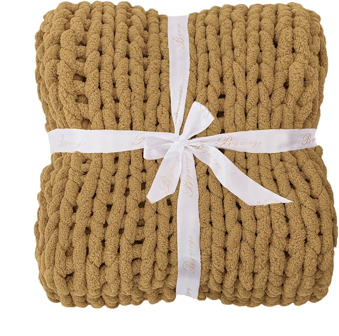 Bigacogo Chunky Knit Throw Blanket for Couch, 40x60 inches, Goldenrod | Hand Knit with Jumbo Chenille, Soft Breathable Cable Knit for Sofa Bed Living Room, Machine Washable, Gift for Mom Friend