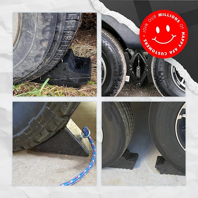 Wheel Chocks for Cars, RVs, Trucks, Trailers, and Vehicles G.V.W. up to 8T, 4 Pack - Anti Slip Bottom Tire Chock for All Weather Use - RV, Travel Trailer, Pop Up Camper Accessory