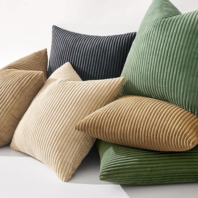 MIULEE Decorative Corduroy Throw Pillow Covers Set of 2 20x20 Moss Green | Soft Striped Textured Cushion Cases, Boho Natural Greenery Pillowcases for Home Decor, for Couch Chair Sofa Bed Living Room
