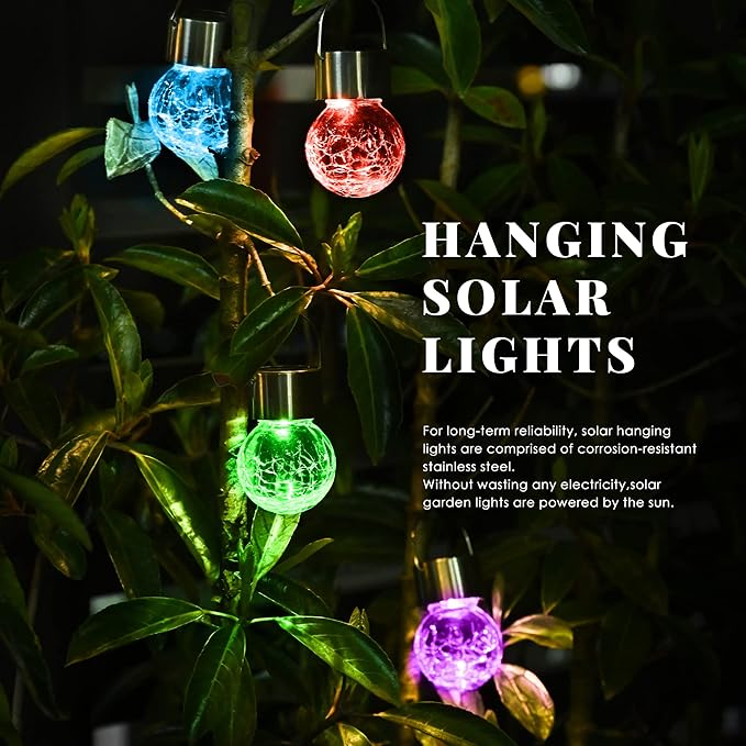 Solpex Hanging Solar Lights Outdoor, 8 Pack Decorative Cracked Glass Ball Light, Solar Powered Waterproof Globe Lighting, Hanging Globe Solar Lights for Garden, Yard, Patio, Lawn, Flower Bed