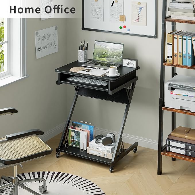 ALISENED Computer Desk for Small Spaces Compact Desk with Keyboard Tray | 23.6" Z-Shaped, with Wheels and Bottom Shelves, for Home Office, Computer Cart Mobile Laptop Cart, Black