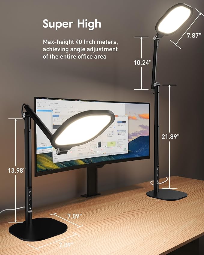 LitONES Tall LED Desk Lamps with Base, Edge-Lit Eye-Care, 50 Light Modes | 40" Height, Dimmable & Flexible, CRI>97.8, Memory and Timer Func, Stable Mental Base for Home Office, Video Calls & Drafting