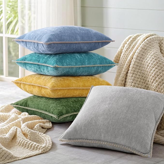 decorUhome Soft Chenille Throw Pillow Covers 18x18 Set of 2 Forest Green | Fall Textured Decorative Throw Pillow Cases Stitched Edge Modern Farmhouse Luxury Boho Velvet for Couch Sofa Bed Home Decor