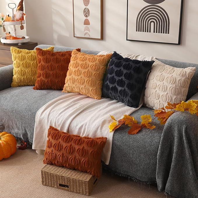DFXSZ Fall Pillow Covers 18x18 2Pcs Light Orange Pumpkin Fall Decorations | Fall decor Set of 2 Throw Pillow Cases Soft Plush Faux Fur Wool Couch Cushion for Chair Sofa Bedroom Living Room Home Decor