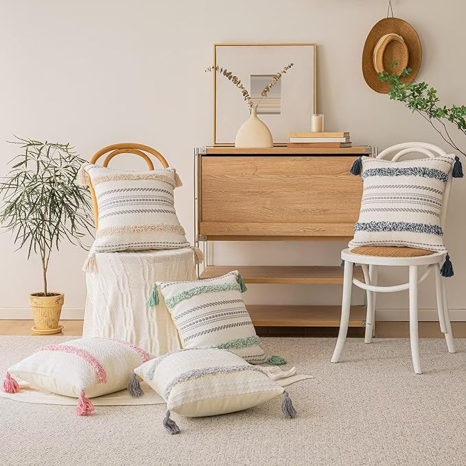 BUIOVBEY Boho Throw Pillow Covers Woven Tufted Pillow Cases with Tassels | Farmhouse Pillows Covers 18x18 Set of 2 Textured Striped Cushion Case Neutral Decorative Pillowcase for Sofa Couch Bed Pink