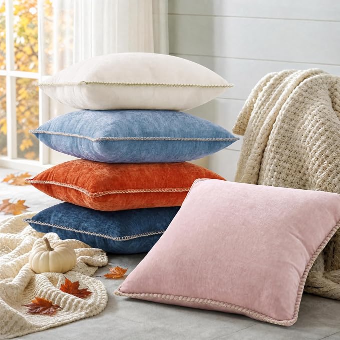decorUhome Soft Chenille Throw Pillow Covers 22x22 Set of 2 Rust | Fall Textured Decorative Throw Pillow Cases Stitched Edge Modern Farmhouse Luxury Boho Velvet for Couch Sofa Bed Home Decor
