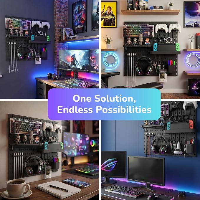 Keepo Peg Board Wall Organizer for Gaming Setup, Pegboard with Adhesives & Screw Mounts, Includes Peg Board Accessories for Gaming Accessories, Tech Storage & Office Organization (Black, 22″×22″)