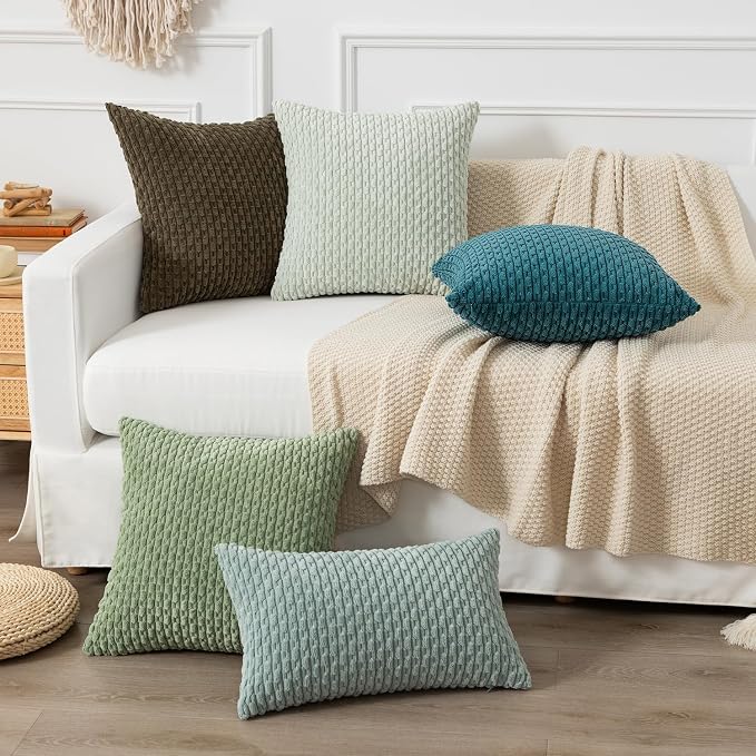 Kevin Textile Soft Corduroy 14"x20" Lumbar Pillow Cover 1 Pack, Teal Blue | Boho Stripe Plush Corduroy Decorative Oblong Cushion Cover Modern Farmhouse Home Decor for Sofa Couch Bed Chair