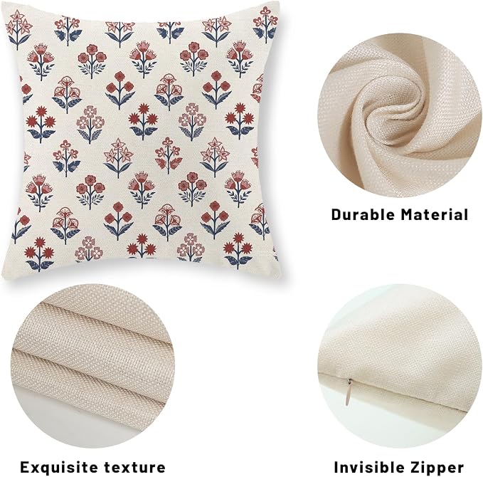 Red Blue Pillow Covers 18x18 Inch Set of 2 Patriotic 4th of July Throw Pillows Vintage Flower Boho Block Print Floral Decorative Pillow Cases Outdoor Linen Cushion Cover for Couch Sofa Decor