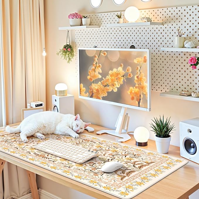 iCasso Desk Matt for Desktop, Cute Desk Pad Mat,35.4x15.7in,Yellow Floral | XXL Large Mouse Pad, Anti-Slip Big Mousepad with Stitched Edges, Keyboard Pad Mouse Mat for Computer