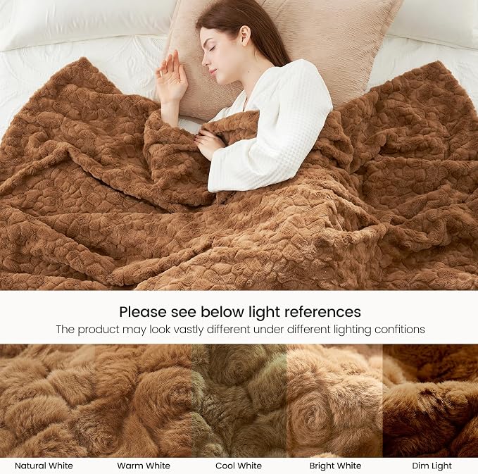 Cozy Bliss Faux Fur Throw Blanket for Couch, Fuzzy Soft Plush Thick Warm Fluffy Reversible Wave Textured Blanket for Sofa Bedroom Living Room, 55 * 70 Inches Brown