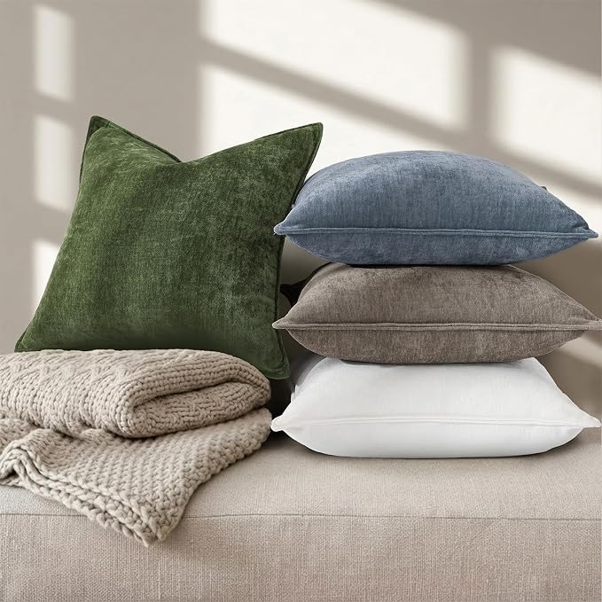 decorUhome Chenille Haze Blue Velvet Throw Pillow Covers 18x18 Set of 2 | Fall Soft Couch Decorative Modern Farmhouse Pillow Cases with Elegant Design for Sofa Bed Living Room Home Decor
