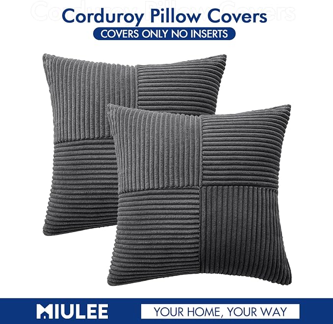 MIULEE Grey Decorative Throw Pillow Covers for Couch 20x20 Inch | 2 Pack, Boho Farmhouse Pillow Covers, Soft Cross Corduroy Patchwork Textured Cushion Cases For Bed Sofa