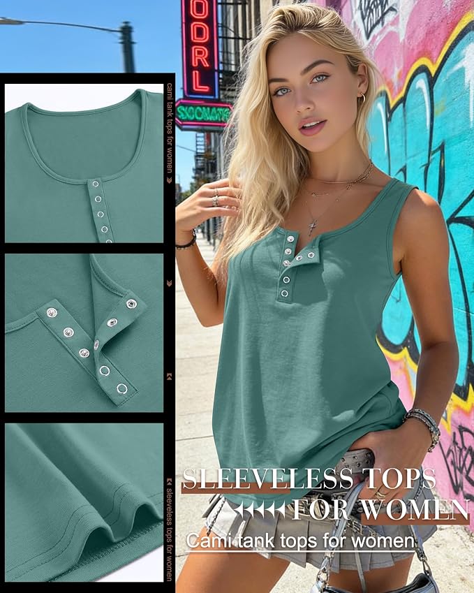 Ficerd 3 Pack Women's Henley Tank Tops Sleeveless Button Down Summer Shirts 2026 Casual Trendy Loose U Neck Tee Blouses