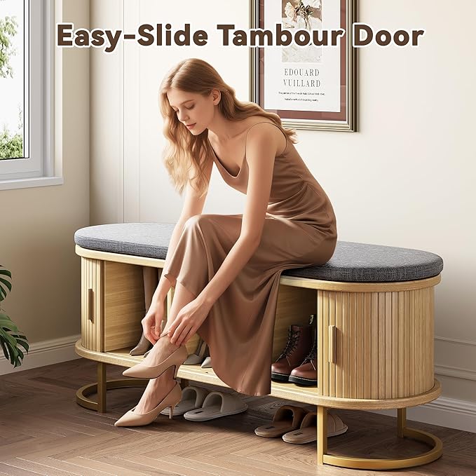 47.2'' Entryway Storage Bench Seat with Sliding Door, Large Shoe Bench with Sturdy Metal Feet & Soft Cushion, Multi-Scene Use for Entrance, Bedroom & Living Room(Oak)