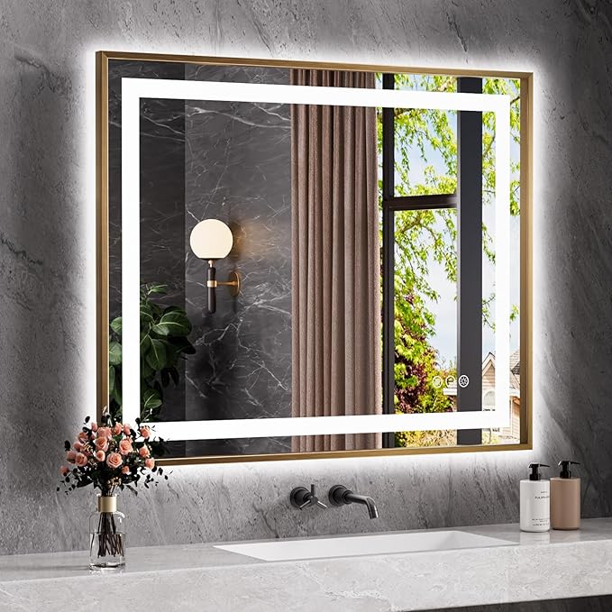 Amorho 44"X36" LED Bathroom Mirror, Golden Metal Framed Mirror with Front Light and Backlit, Stepless Dimmable, Anti-Fog, Shatter-Proof, Memory, 3 Colors