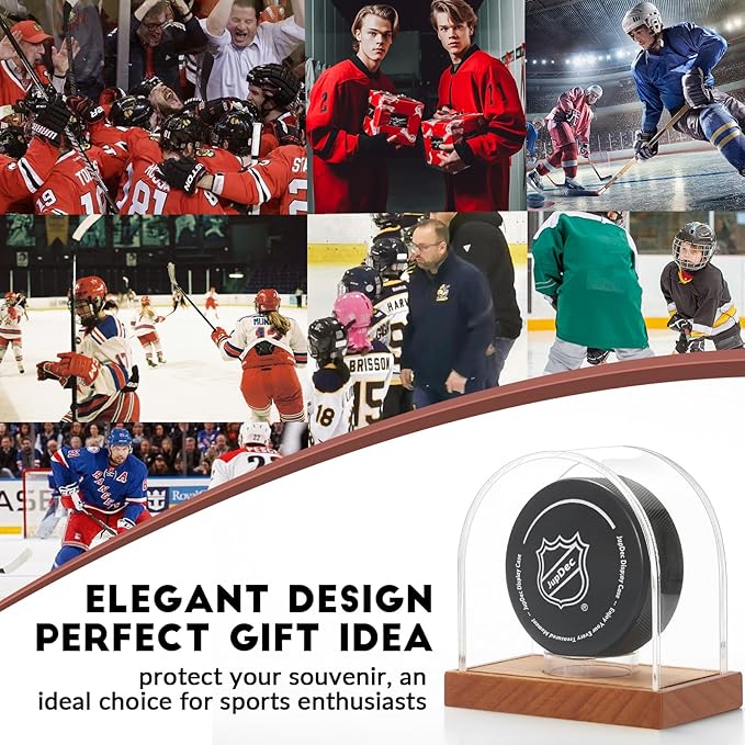 JupDec Hockey Puck and Collectibles Display Case, Premium Acrylic Clear Box Puck Holder with Mahogany Wood Base, Showcase for Autographed Souvenir Memorabilia, Collectible Figure Stand