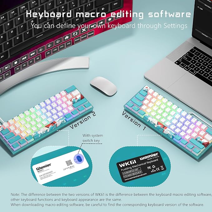 Womier 60% Percent Keyboard,WK61 V2 Mechanical RGB Wired Gaming Keyboard,Hot-Swappable Creamy Key Board with PBT Keycaps,Linear Red Switch for Windows/MAC (Blue)