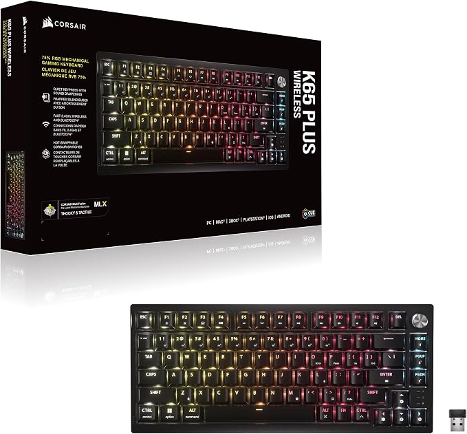 Corsair K65 Plus Wireless 75% RGB Hot-Swappable Mechanical Gaming Keyboard – Pre-Lubricated MLX Fusion Tactile Switches – Dual-Layer Sound Dampening – PBT Keycaps – QWERTY NA – Black