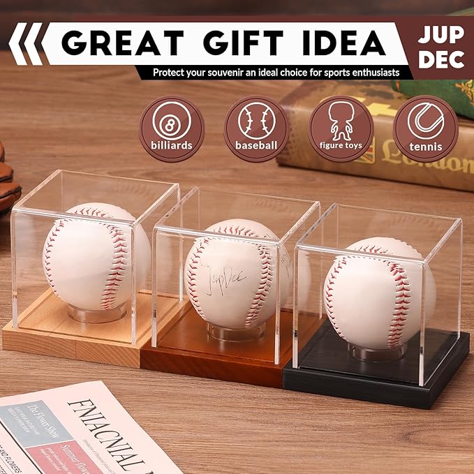 JupDec Baseball Display Case - Clear Cube Baseball Holder with Wooden Base, Autograph Stand Box for Single Ball, Acacia Wood, Brown, 1 Pack