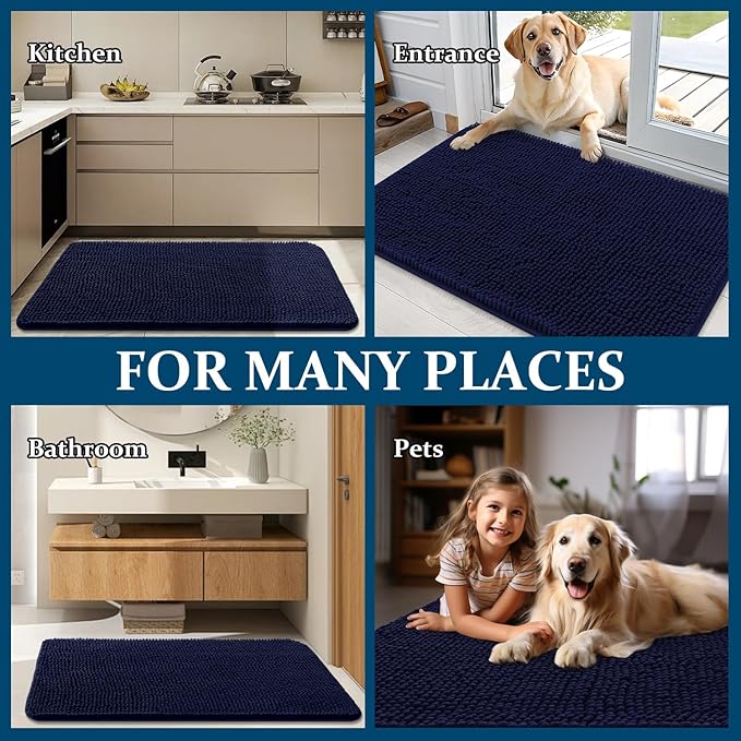 OLANLY Dog Door Mat for Muddy Paws 48x30, Absorbs Moisture and Dirt, Absorbent Non-Slip Washable Doormat, Quick Dry Chenille Mud Mat for Dogs, Entry Indoor Entryway Carpet for Inside Floor, Navy Blue