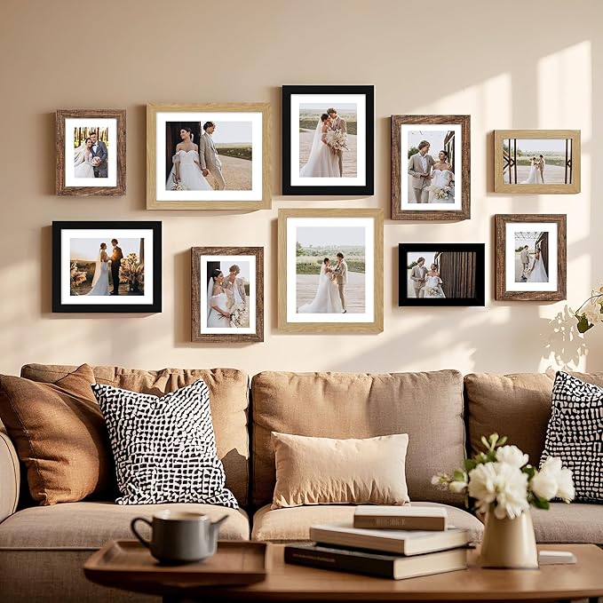 Hongkee 10x13 Picture Frame Set of 4, Made of Real Glass and Natural Oak Frame, 10 by 13 Photo for Wall or Tabletop - Display Picture 8.5x10 with Mat or 10x13 Without Mat