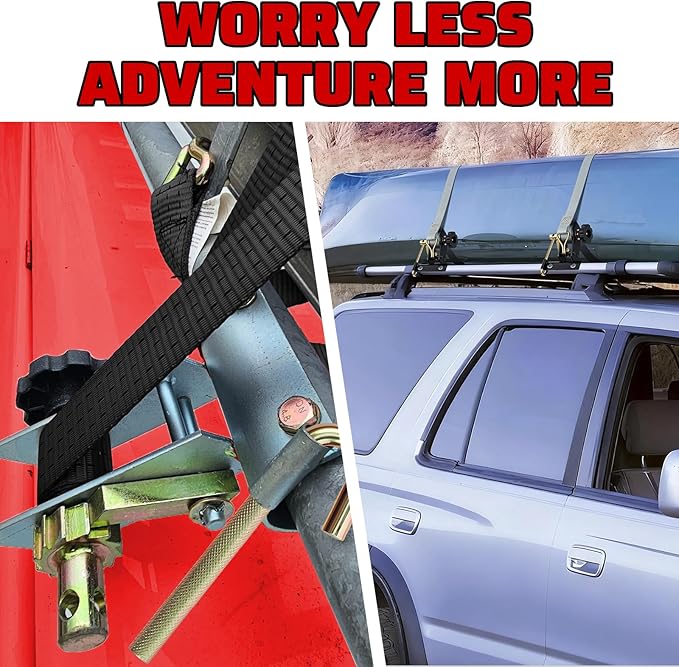 Rack Straps with J-Hook (4PK),1.5" x7.5' Ladder Rack Ratchet Straps, 2" Round Tube Mount, Perfect Ladder Rack Tie-Downs for Trailer Cargo Control