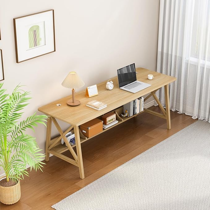 NELYE Extra Long Writing Desk with Bookshelf, 55" Wx20 Dx30 H, Oak | Wooden Home Office Work Study Table, Computer Gaming Workstation with Storage Shelf, Sturdy MDF Resists Wobble