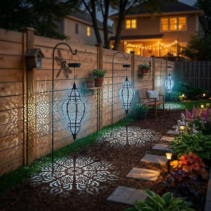 Hanging Solar Lights Outdoor Garden Decor Solar Lantern Waterproof Plastic Moroccan Outdoor Decorations for Patio Pathway Yard Backyard Garden Decorative (Black, 1)