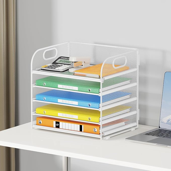 Lavatino 5 Tray Paper Organizer Letter Tray with Handle - Mesh Desk File Organizer, Paper Sorter Organizer for Office, Home or School File Folder Holder - White