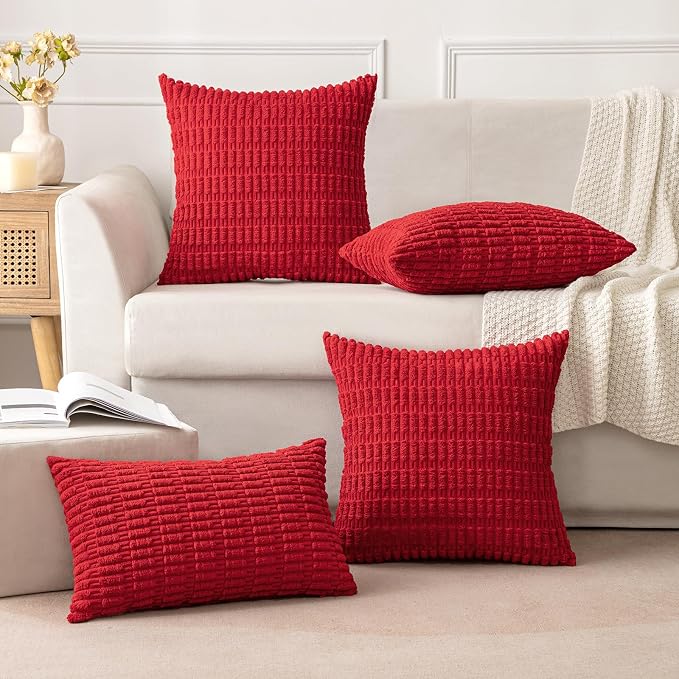 MIULEE Pack of 2 Red Corduroy Decorative Pillow Covers 18x18 Inch Soft Boho Striped Throw Pillow Covers Modern Farmhouse Home Decor for Sofa Living Room Couch Bed
