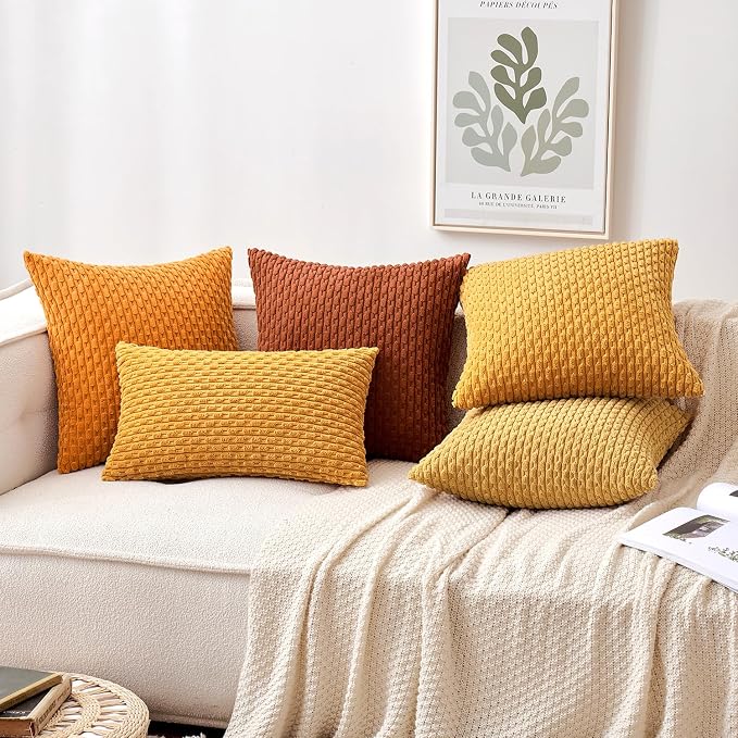 MIULEE Fall Decorative Throw Pillow Covers 18x18 Burnt Textured Corduroy | Terracotta Pack of 2 Striped Pillow Covers Modern Farmhouse Autumn Home Decor for Couch Bed Sofa Living Room