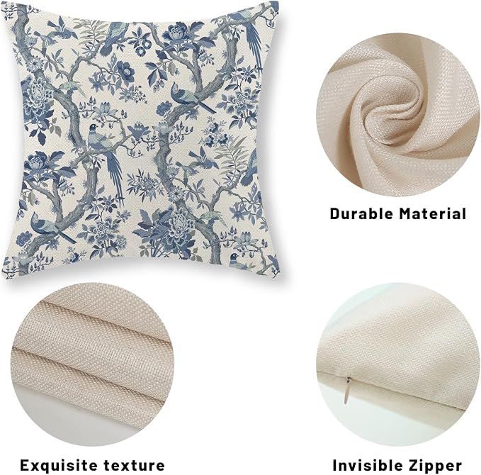Chinoiserie Pillow Covers 20x20 Set of 2 Blue and White Bird Floral Throw Pillows Vintage Blue Flowers Decorations Outdoor Pillowcase Chinoiserie Decor Farmhouse Cushion Case for Couch Home
