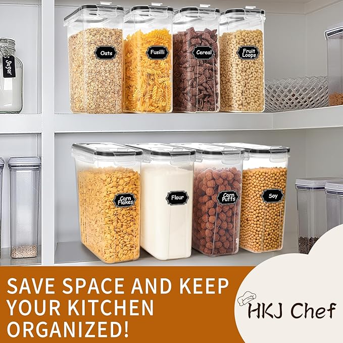 Cereal Containers Storage Set (4L / 135.2oz), 8PCS Airtight Food Storage Containers with Lids, Cereal Dispensers for Kitchen Pantry Organization and Storage with Pour Spout, 20 Labels, Marker