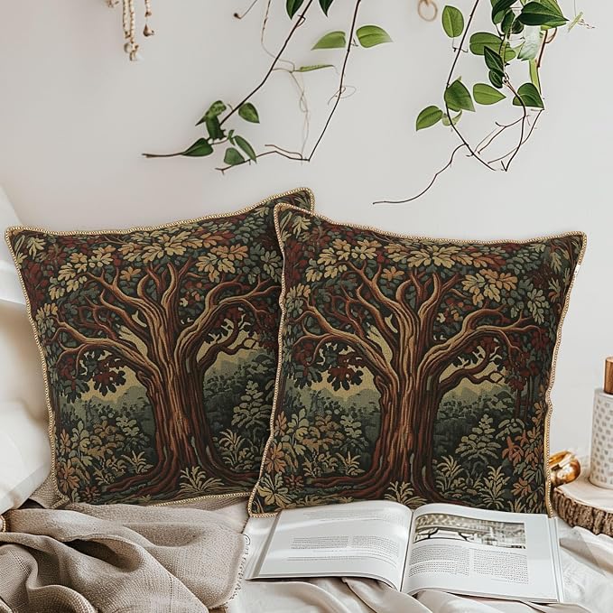 Vintage Forest Tree Velvet Pillow Covers 20x20 Inch Green Retro Tapestry Throw Pillows for Couch Cushion Covers Pillowcase Boho Farmhouse Pillow Cases for Sofa Bed Bedroom