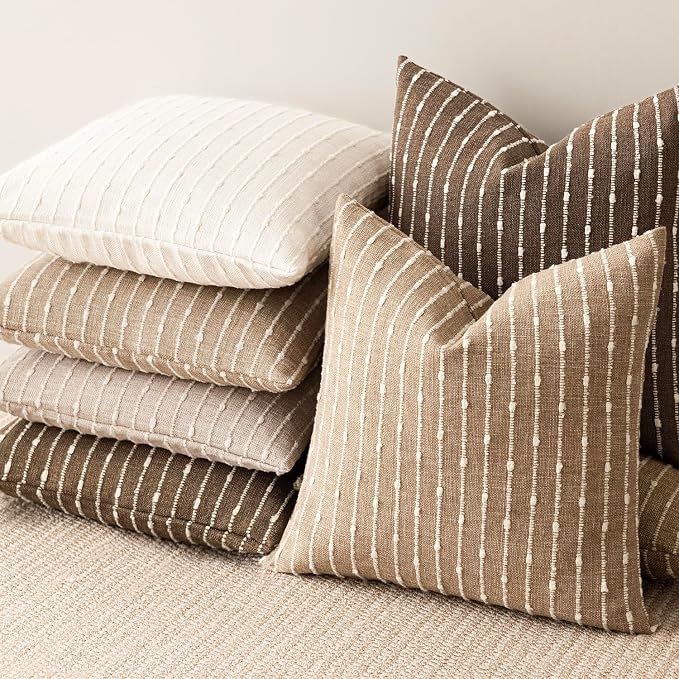 Foindtower Pack of 2 Decorative Jacquard Boucle Throw Pillow Covers Accent Textured Striped Pillowcases Cozy Modern Cushion for Couch Sofa Bedroom Living Room Home Decor 18x18 Inch Brown