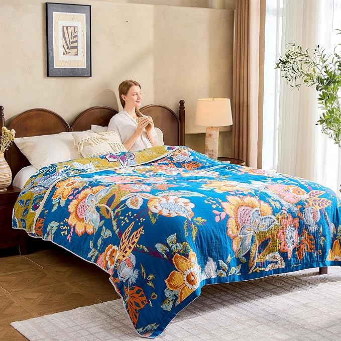 XIBLC Boho Throw Blanket, Blue Lightweight Blankets for Summer, 100% Cotton Bohemian Decorative Throw Blanket, 50"x60" Reversible Muslin Breathable Woven Farmhouse Blankets Quilt,