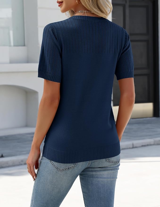 Zeagoo Women's Short Sleeve Sweater Tops 2026 Spring Summer Crew Neck Hollow Out Blouses Dressy Business Casual Outfits