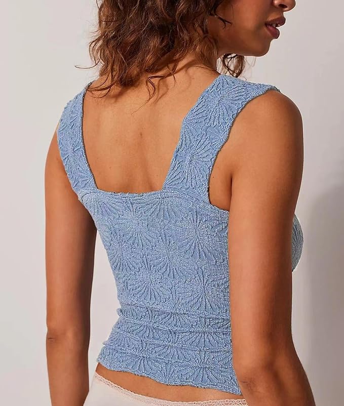 Women's Square Neck Wide Strap Crop Tank Tops Flower Going Out Tops Slim Fit Lettuce Trim Crop Cami Tops