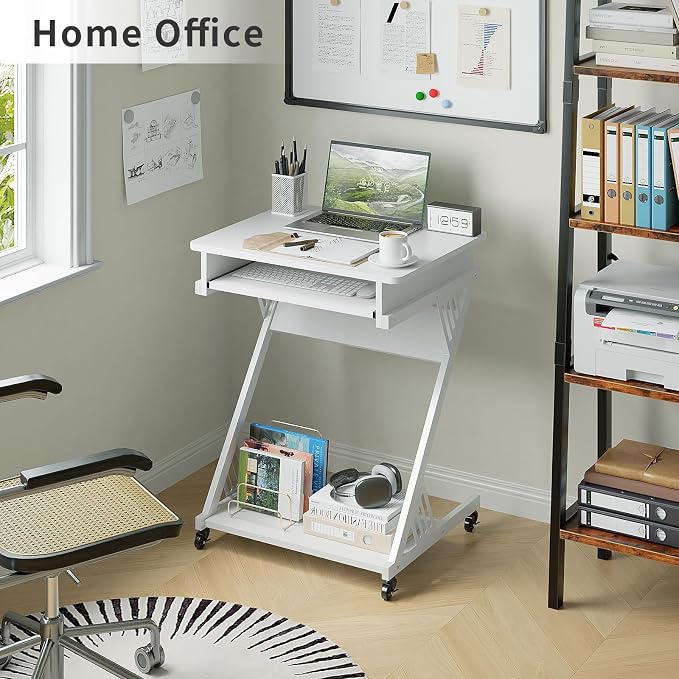 ALISENED Computer Desk for Small Spaces Compact Desk with Keyboard Tray | 23.6" Z-Shaped, with Wheels and Bottom Shelves, for Home Office, Computer Cart Mobile Laptop Cart, White