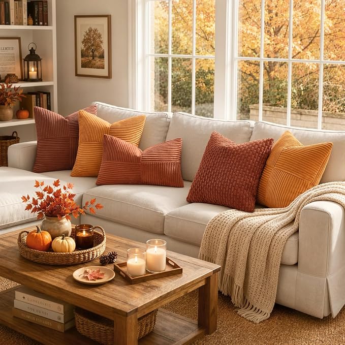 MIULEE Fall Burnt Orange Decorative Lumbar Throw Pillow Covers 12x20 Inch | 2 Pack, Boho Farmhouse Pillow Covers, Soft Cross Corduroy Patchwork Textured Cushion Cases For Bed Sofa