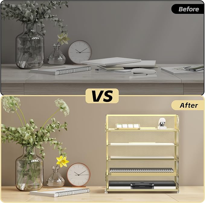 Supeasy 5 Trays Paper Organizer Letter Tray with Handle-Mesh Desk File Organizer, Paper Sorter Desk Organizer for Office, Home or School (Golden)