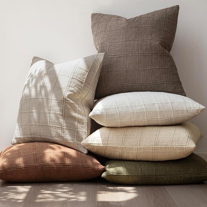 Foindtower Set of 2 Decorative Linen Check Throw Pillow Covers Neutral Farmhouse Vintage Cushion Covers Modern Boho Home Decor for Sofa Chair Couch Bedroom Living Room,22×22 Inch,Taupe Grey